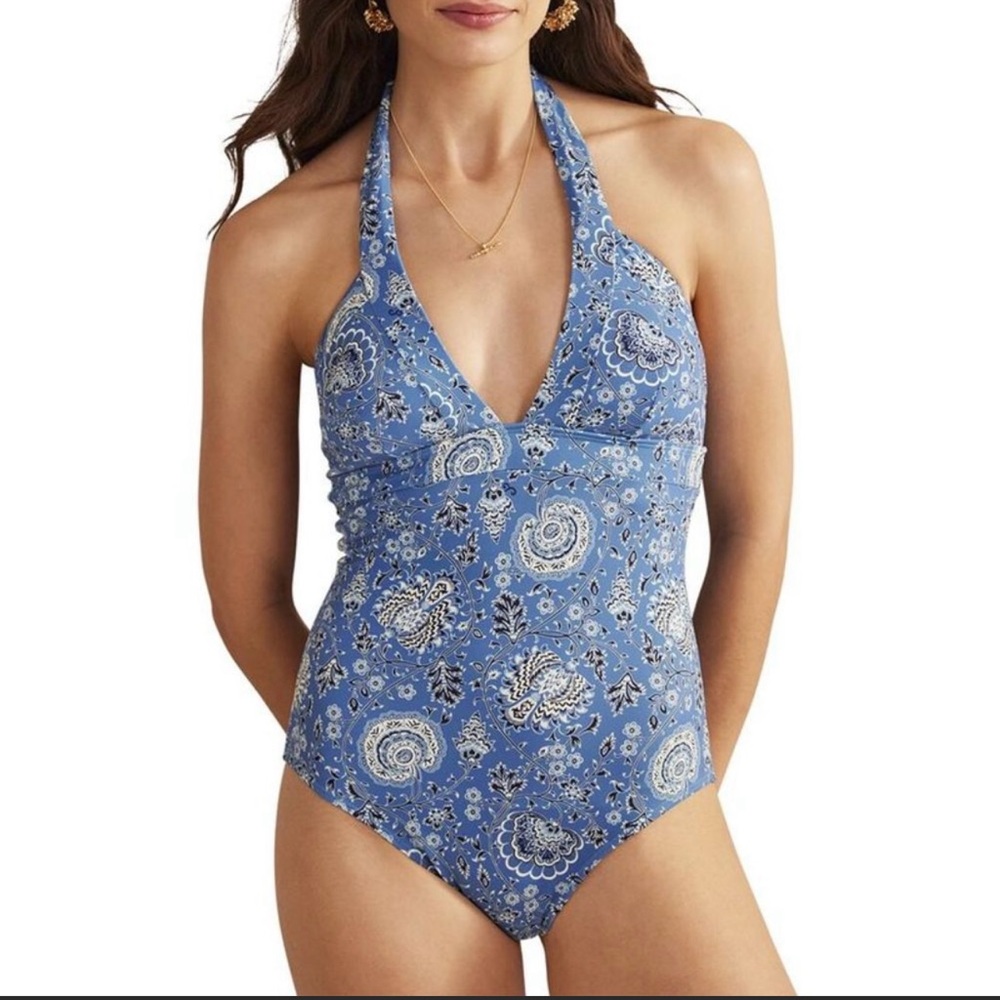 NWT BODEN ITHACA HALTER SWIMSUIT AZURE, GARDENIA GROVE WOMEN SIZE US 8L.